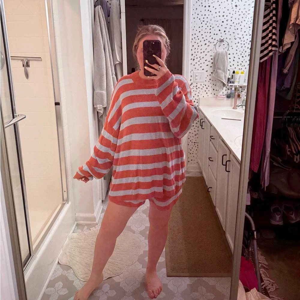 Free People Coral and Light Gray Striped Scoop Neck Sweater